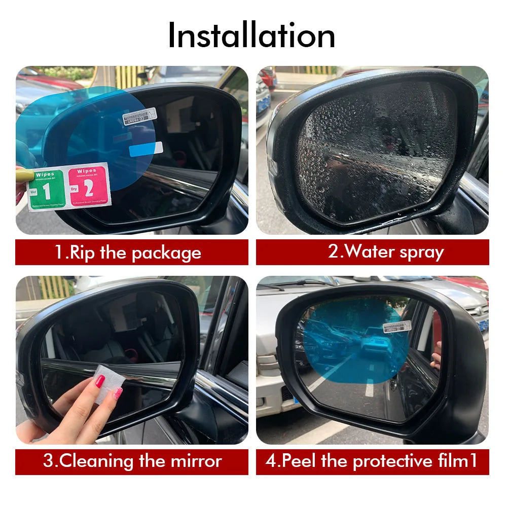 Pasos de instalación para aplicar película antiempañante y a prueba de lluvia en el espejo de un coche.