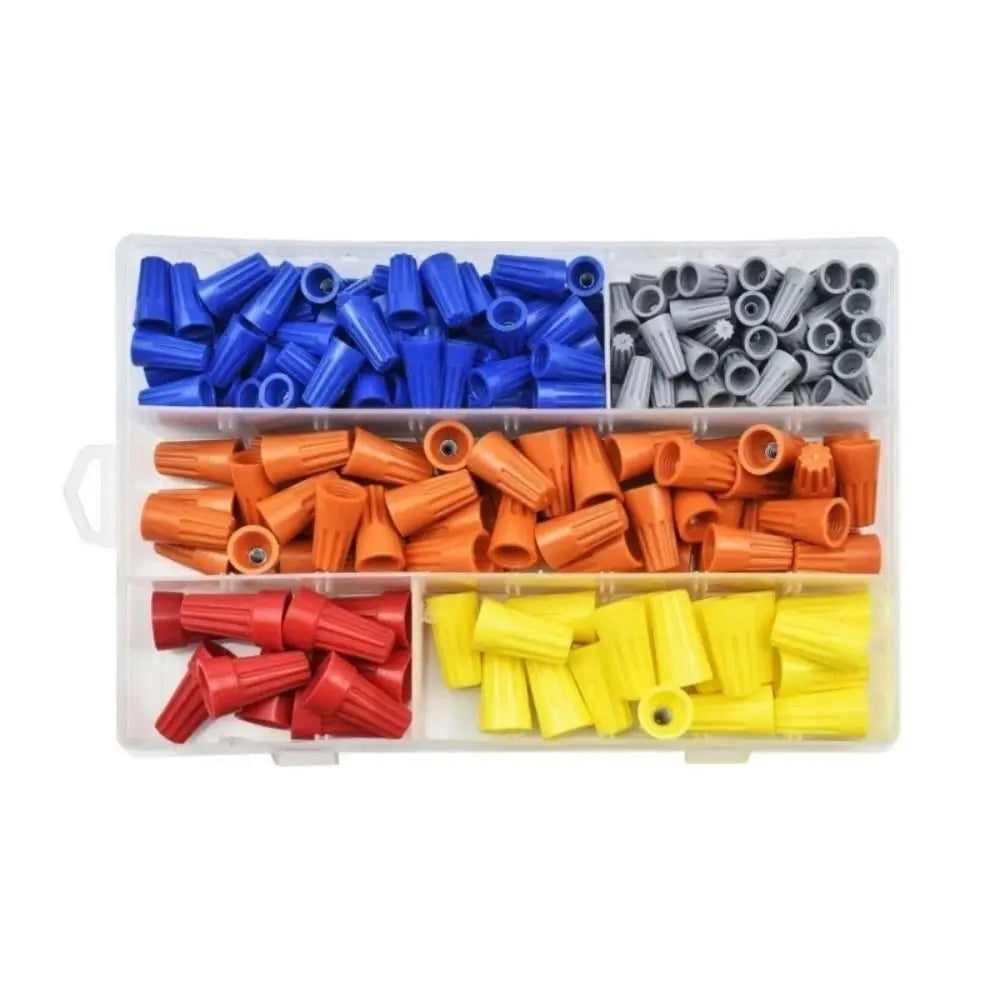 A plastic storage tray filled with various insulated wire connectors and nuts in blue, silver, and orange colors.