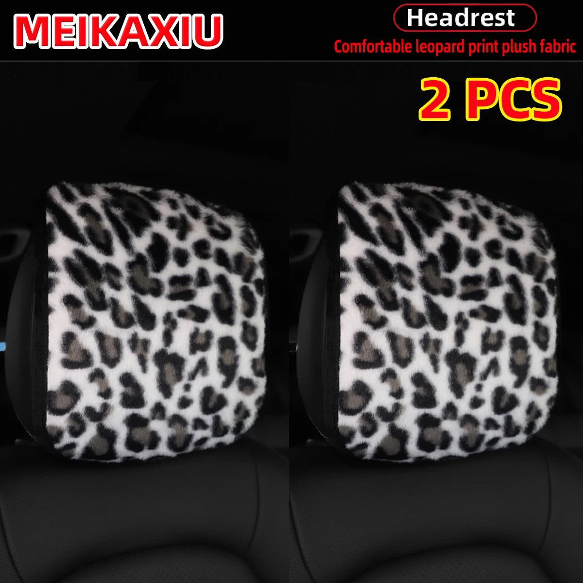 Two leopard print plush fabric headrest pillow covers for car seats