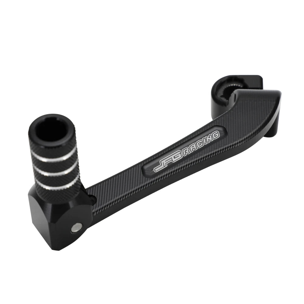 Black CNC foldable aluminum gear shift lever for Honda CRF110F and Yamaha TTR110E motorcycles.