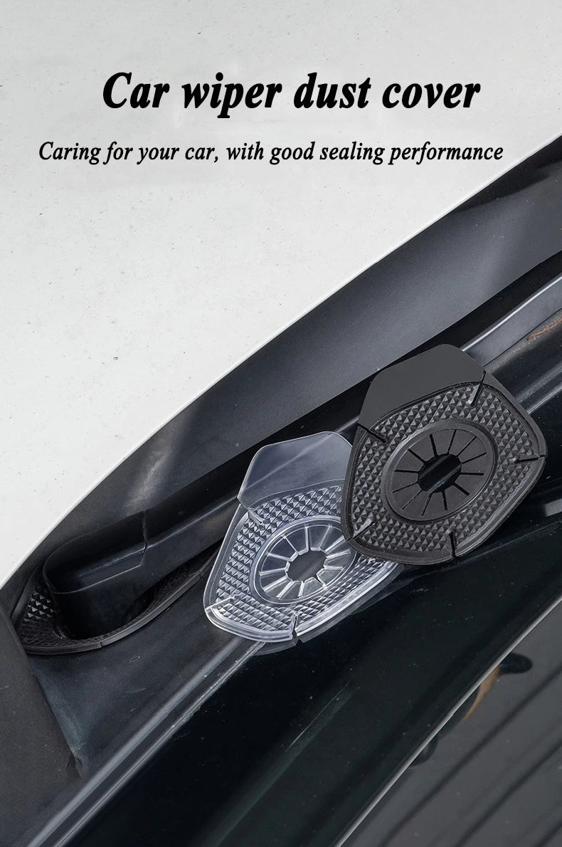 A black car wiper dust cover is shown placed on a vehicle's windshield wiper blade.