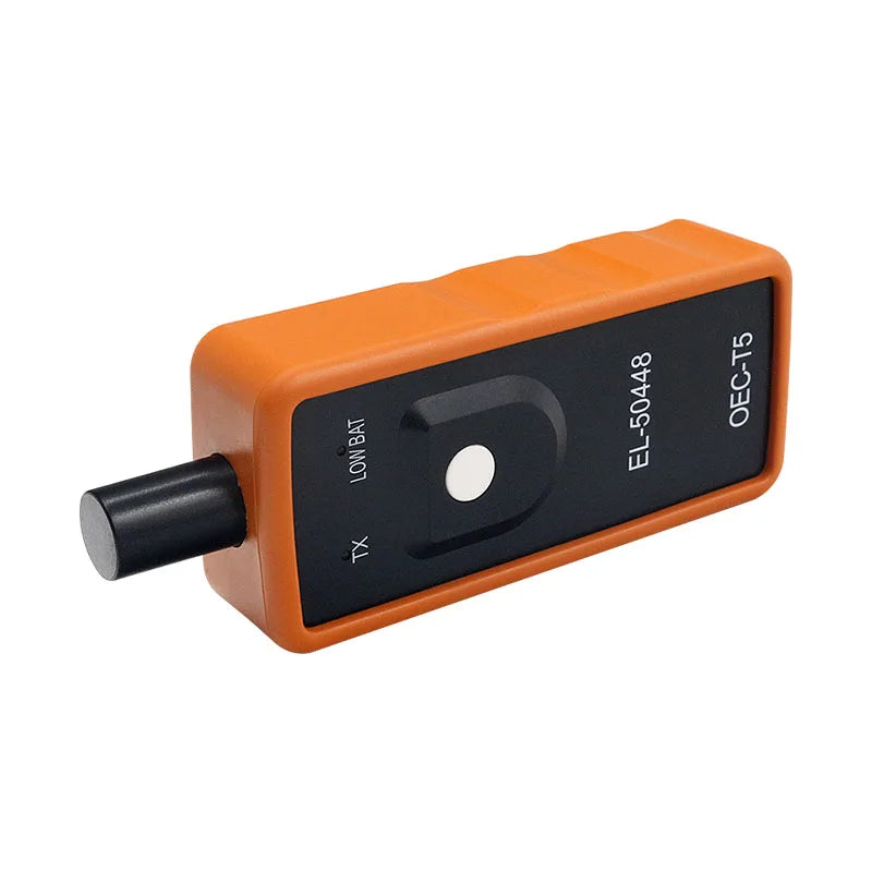An orange and black tool labeled EL-50448 for re-learning a TPMS tire pressure sensor.