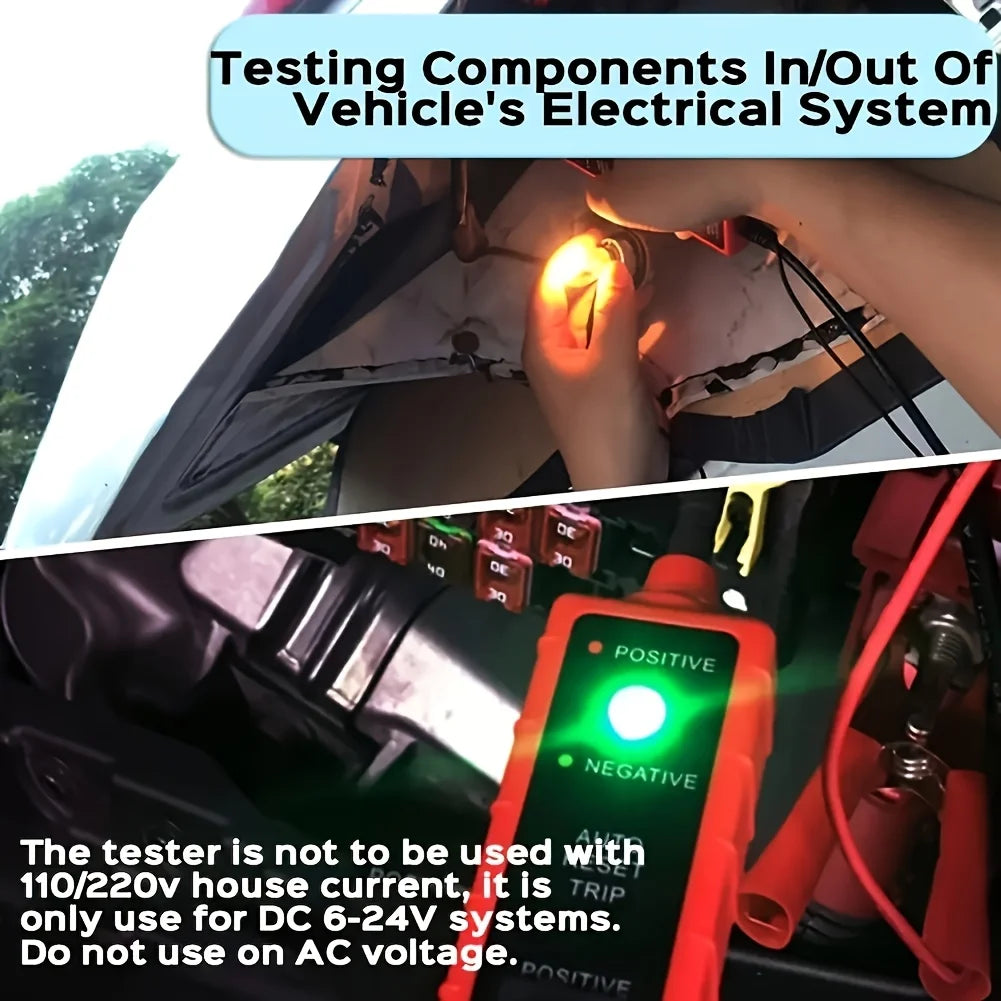 A hand is testing components in/out of a vehicle's electrical system using a red tester device.