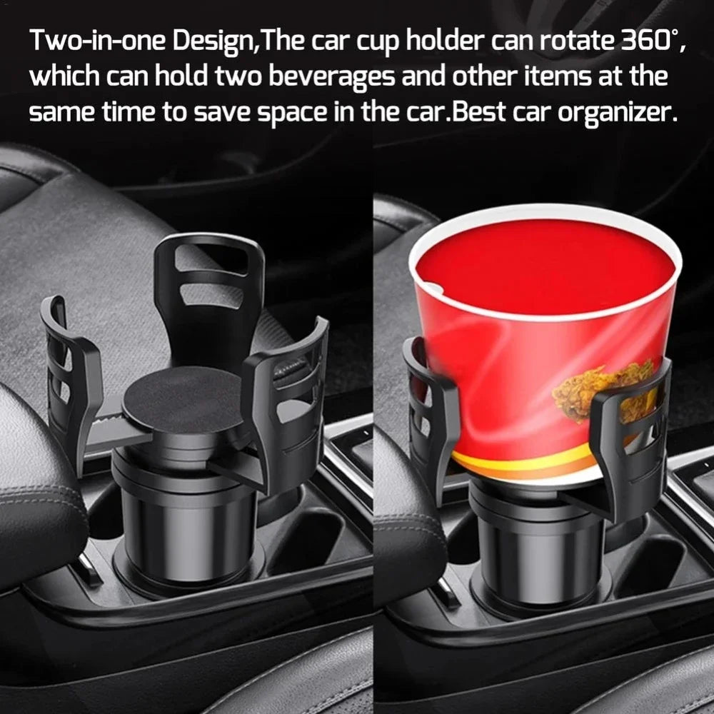 A close-up of a black car cup holder organizer with a red cup insert, demonstrating its 360-degree rotation feature.