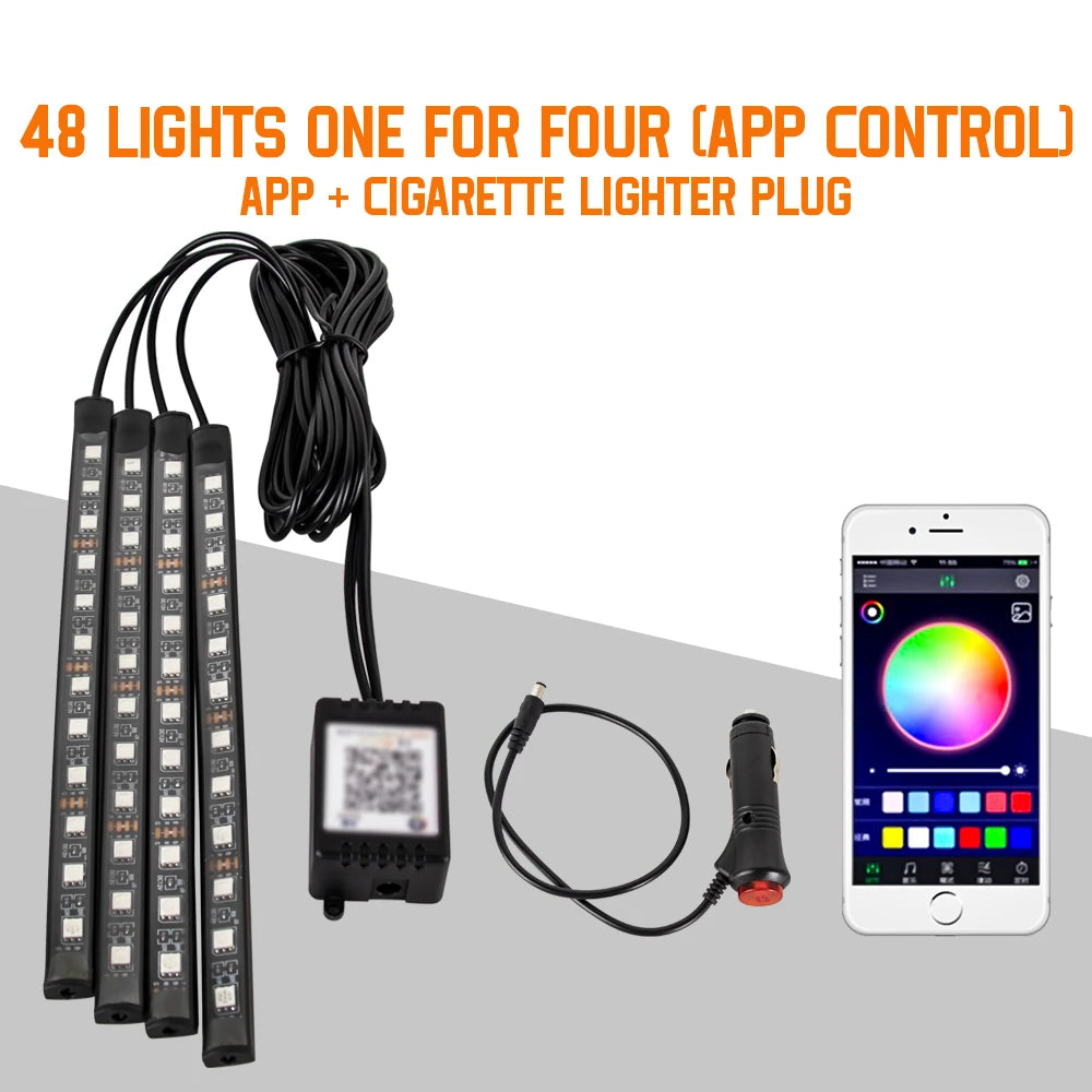 Schwarze UV-Stripe mit vier einzelnen Lichtern und einem Zigarettenanzünder-Stecker, verbunden mit einem iPhone zur App-Steue