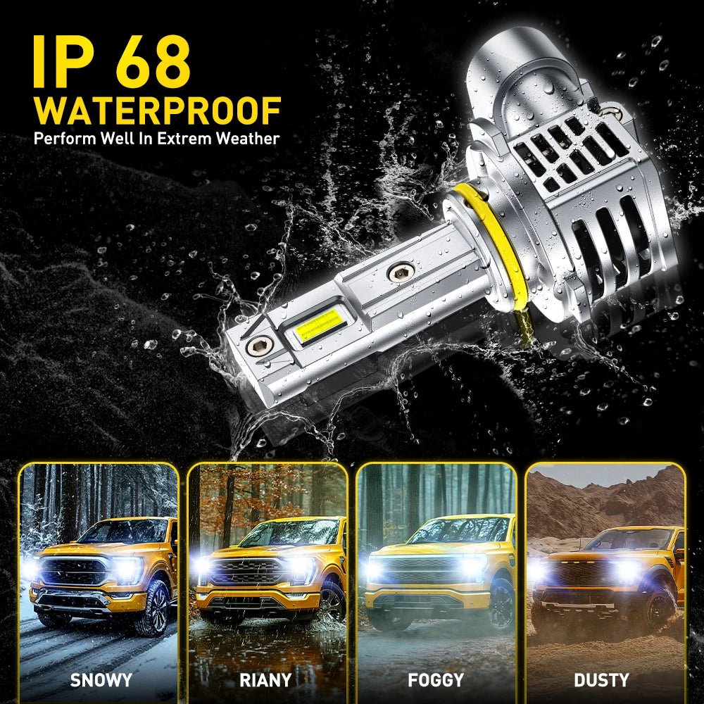 IP68 waterproof LED headlight bulbs shown in various weather conditions including snowy, rainy, foggy, and dusty environments