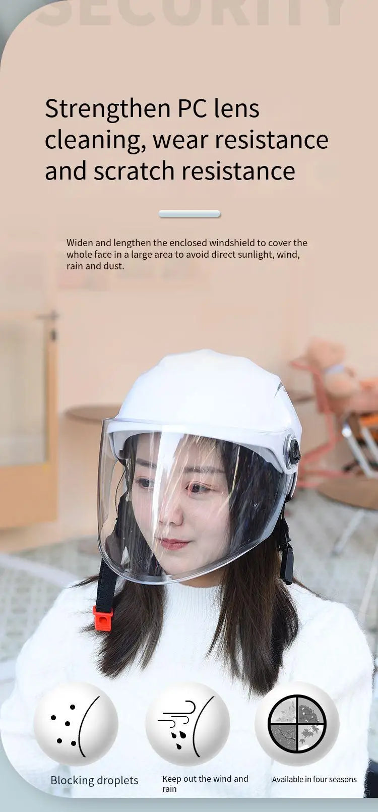 A woman wearing a clear plastic half helmet designed for protection against sunlight, wind, rain, and dust.