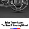 A hand-stitched steering wheel cover in black leather showing various features and materials.
