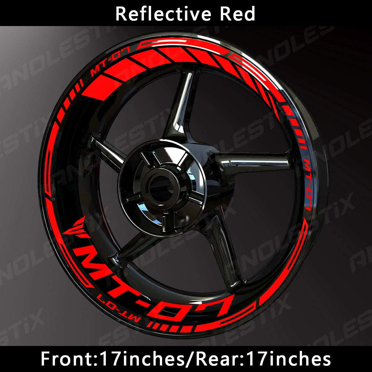 Reflective red motorcycle wheel decals for Yamaha MT-07 featuring a black spoke design.