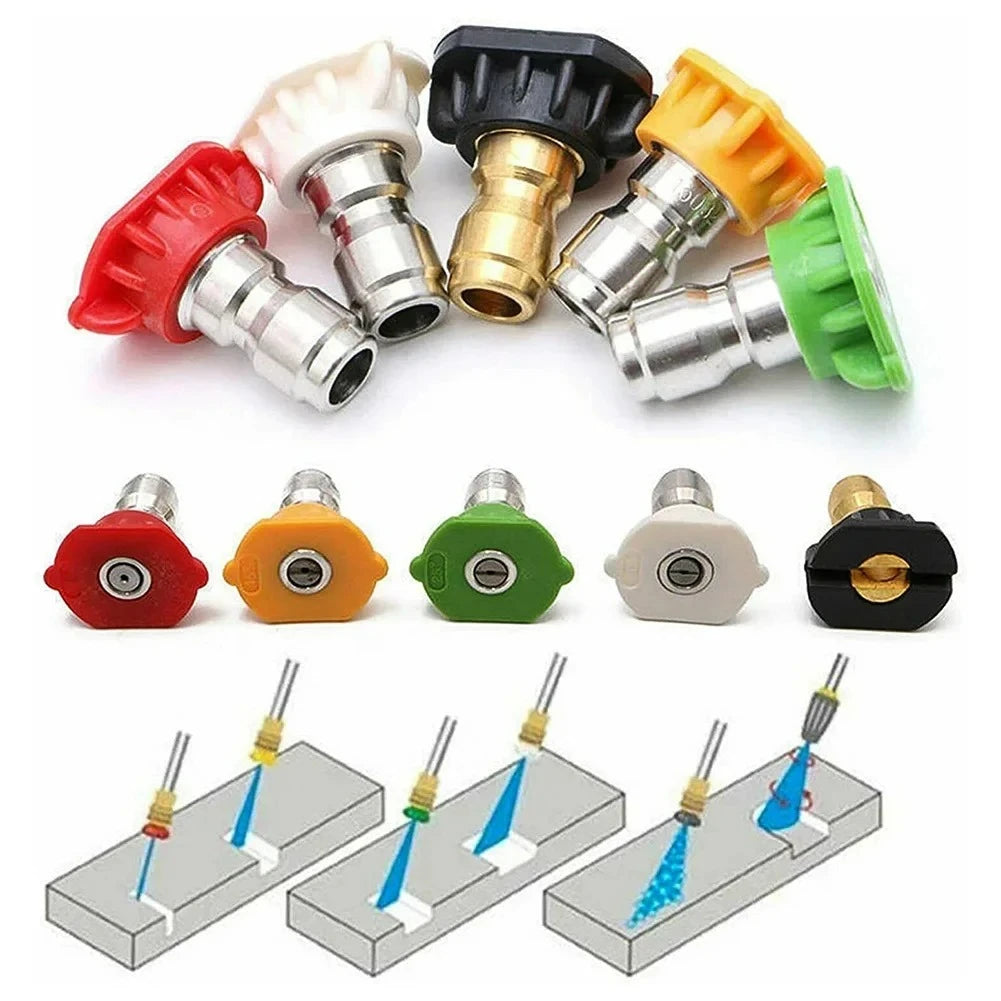 A set of multi-angle high-pressure water nozzles in various colors including red, orange, black, and green.