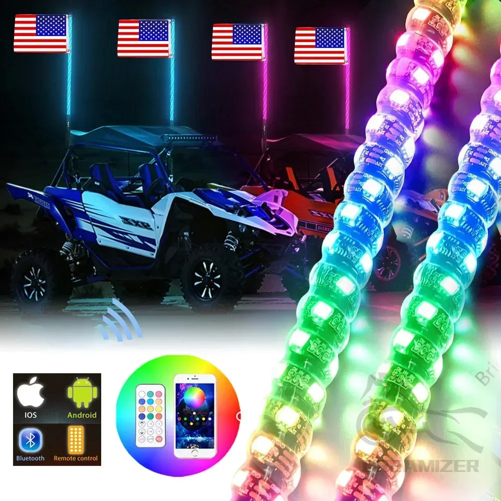 RGB LED whip lights illuminating an off-road vehicle and a remote control device.