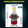 Dimension map of an H13 LED headlight bulb showing its physical size and components.