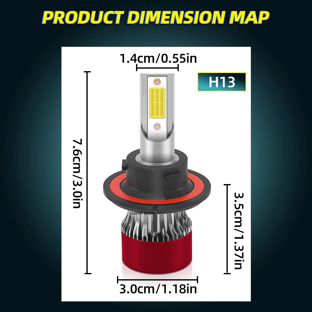 Dimension map of an H13 LED headlight bulb showing its physical size and components.
