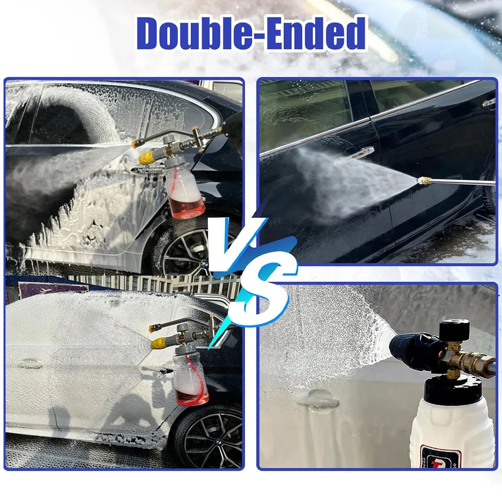 Double-ended pressure washer foam cannon adapter showing two different spray patterns on a car surface.