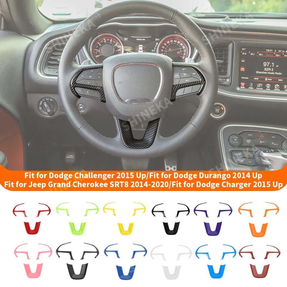 A set of universal car steering wheel decoration covers in various colors and shapes for Dodge Challenger, Durango, Jeep Cher