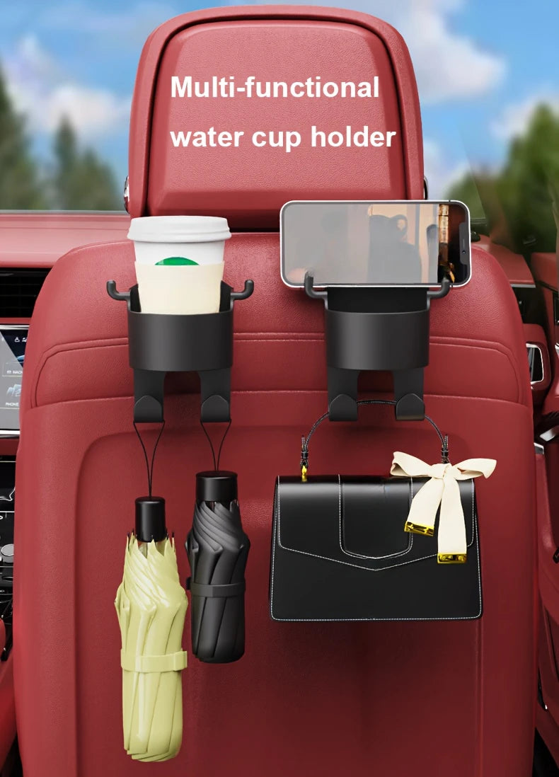 A multi-functional water cup holder featuring hooks for a cup and a wallet attached to a red car seat.