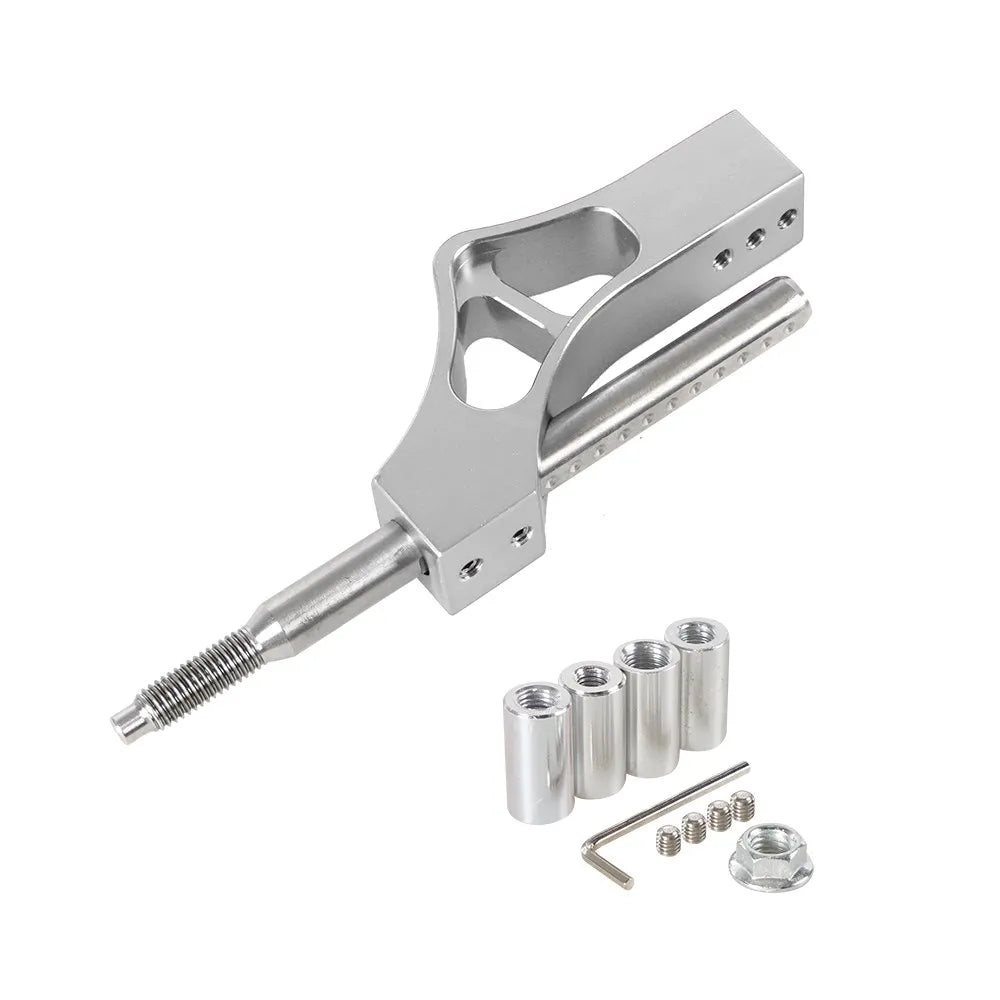 Silver adjustable car gear shifter extension kit with a lever and mounting hardware