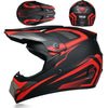 A black and red kids and motorcycle off-road safety helmet shown from the side and top view.