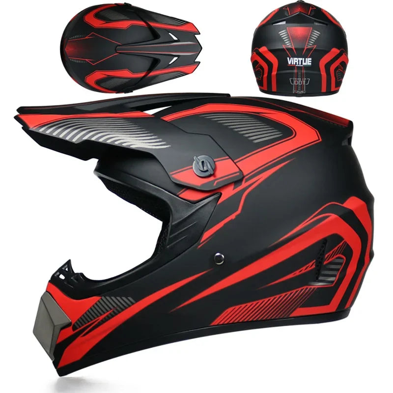 A black and red kids and motorcycle off-road safety helmet shown from the side and top view.