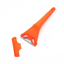 An orange versatile razor scraper tool with a metal blade for cleaning glass, tile, and surfaces.