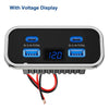 A black DC car charger adapter with a voltage display and multiple output ports, featuring red and black wires.