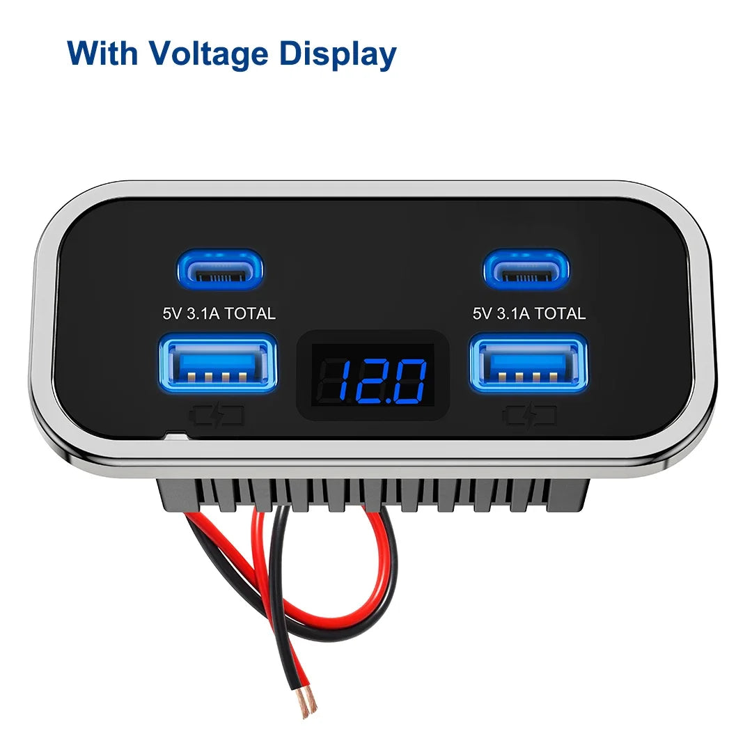 A black DC car charger adapter with a voltage display and multiple output ports, featuring red and black wires.