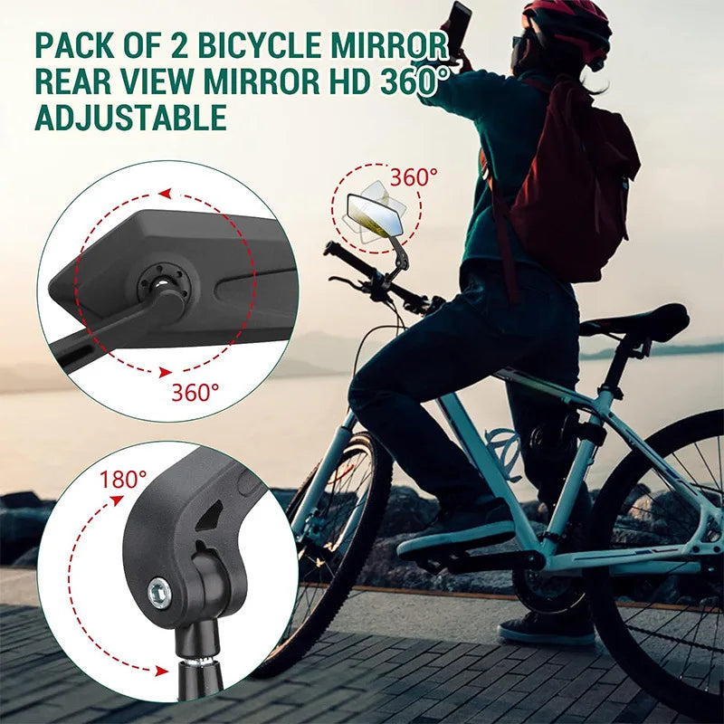 A person riding a bicycle is adjusting a 360 degree adjustable motorcycle rearview mirror.