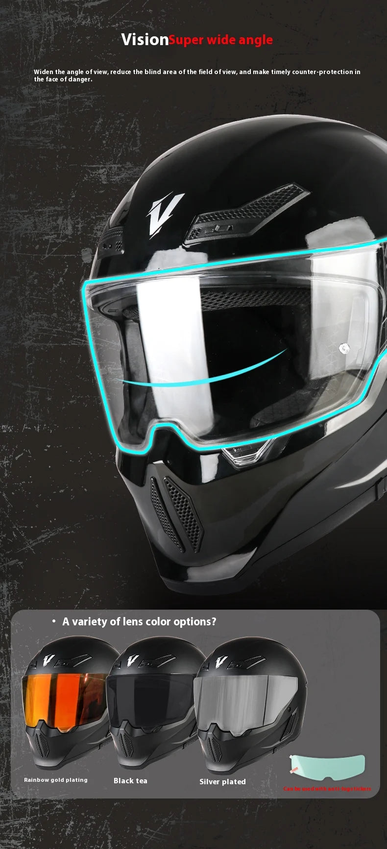 Casco de motocicleta negro con luz azul y opciones de color de lente