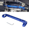A blue adjustable motorcycle handlebar grip crossbar with a metal mounting piece.