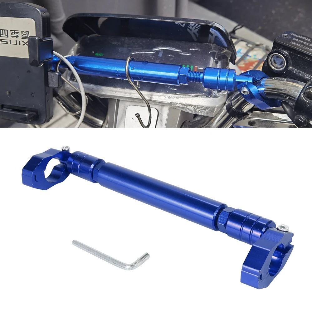 A blue adjustable motorcycle handlebar grip crossbar with a metal mounting piece.