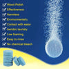 A set of blue effervescent tablets for car windshield cleaning with features like effectiveness and harmlessness.