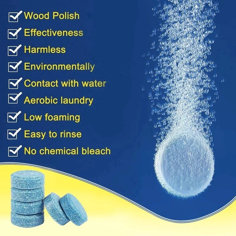 A set of blue effervescent tablets for car windshield cleaning with features like effectiveness and harmlessness.