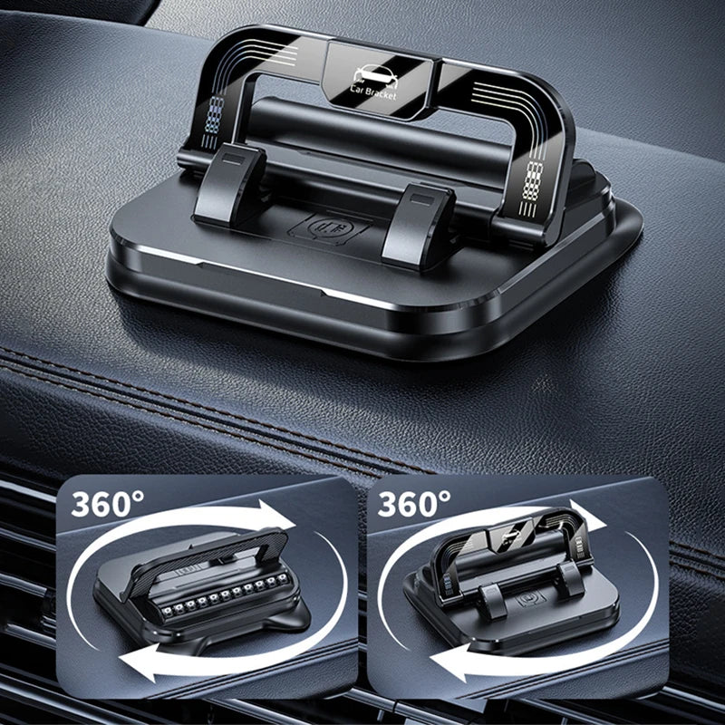 Schwarze 360-Grad-drehende Handyhalterung für Armaturenbrett, auf einer dunklen Autoverkleidung gelagert.