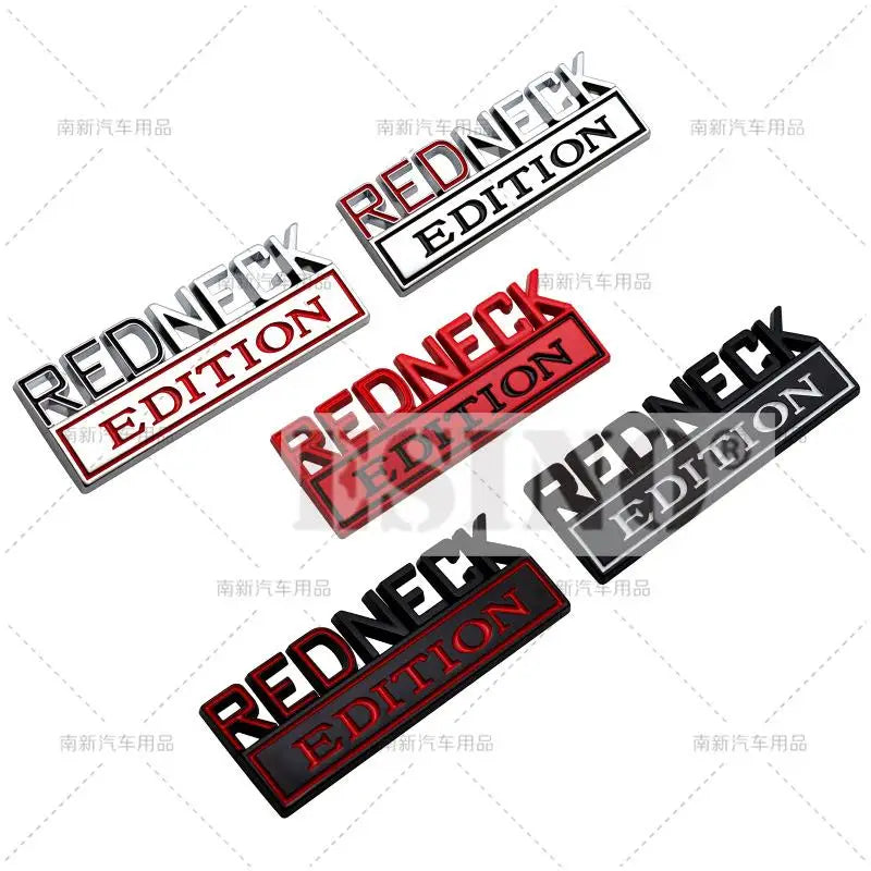 A set of black and red Redneck Edition chrome car emblems and decals.