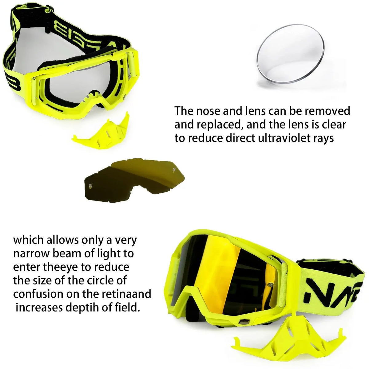 Lunettes de sport jaunes avec une lentille claire et un nez jaune, vues variées.
