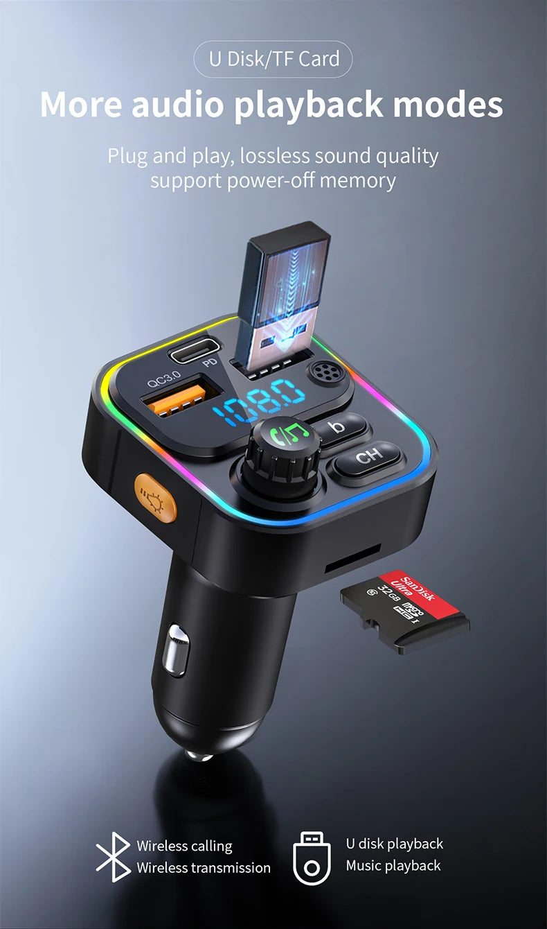 A black U disk/TF card device with a digital display and controls is shown, featuring wireless calling and music playback cap