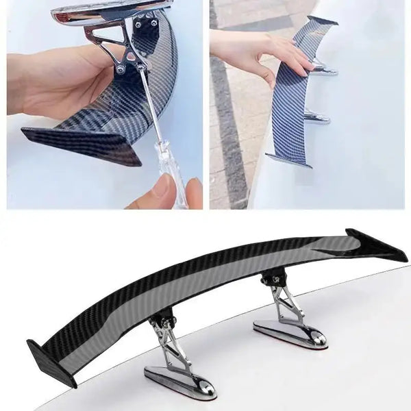 A carbon fiber rear car spoiler wing is shown in multiple angles, highlighting its design and material.