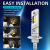 A silver LED headlight bulb with a connector and plug being installed into a vehicle socket.