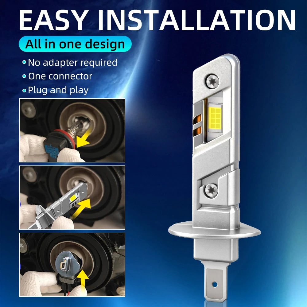 A silver LED headlight bulb with a connector and plug being installed into a vehicle socket.