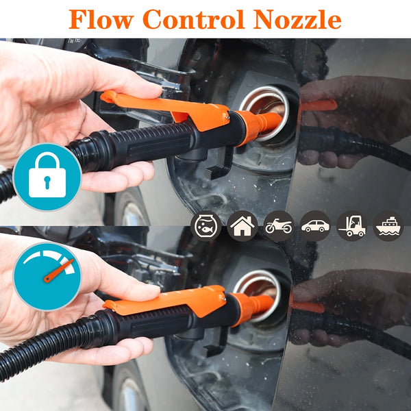 A hand is using a flow control nozzle to transfer fuel into a vehicle's tank.