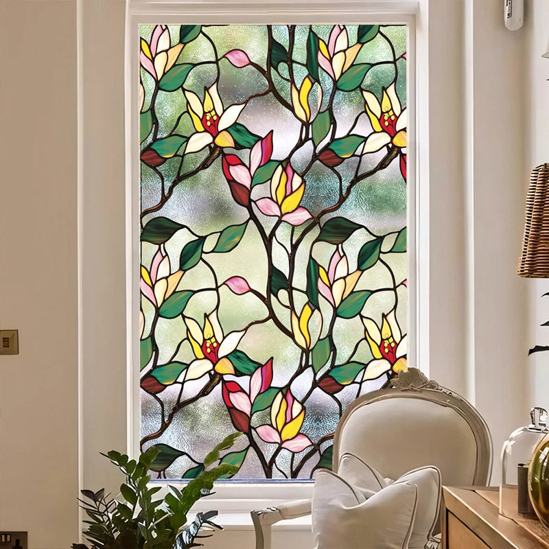 Decorative PVC stained glass window film featuring floral patterns in pink, yellow, and green tones.