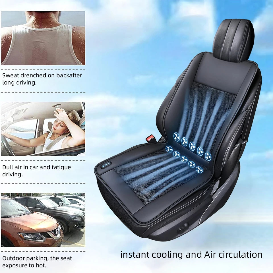A black car seat cushion designed for instant cooling and air circulation, shown with related features.