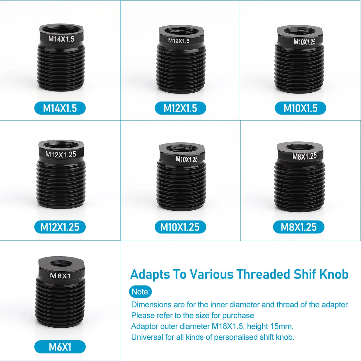 A set of black threaded adapters for various shift knobs, including M14x1.5, M12x1.5, M10x1.25, and M8x1.25.