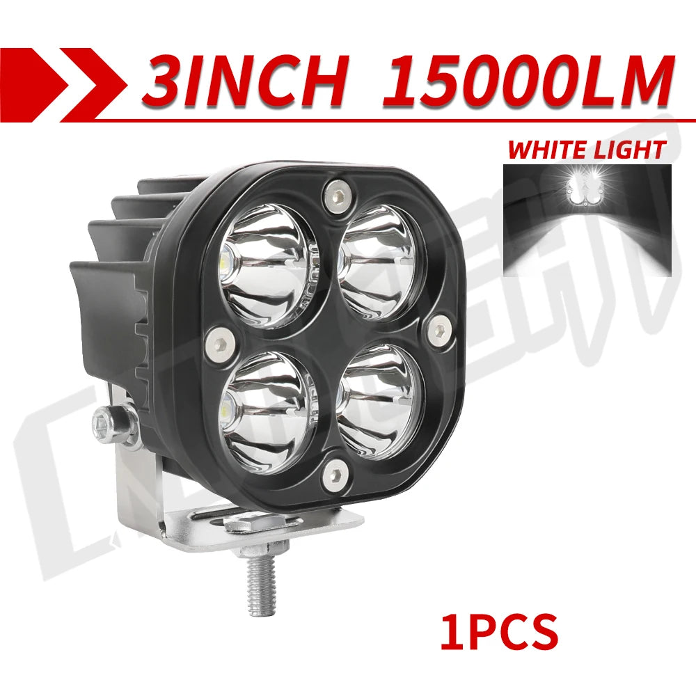 Schwarze 3-Zoll-Hochleistungs-LED-White-Leuchte, montiert auf einem Metallhalterung.