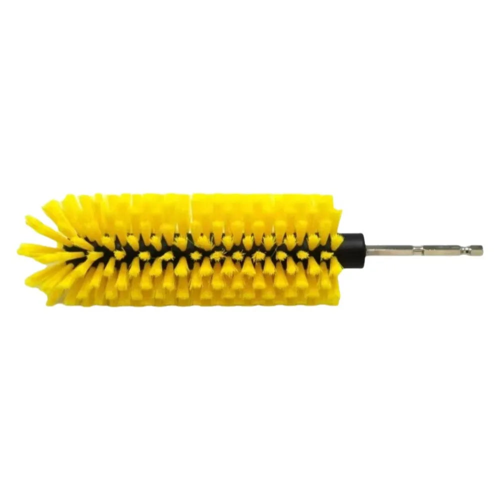 Yellow multipurpose drill brush designed for cleaning wheels and tires