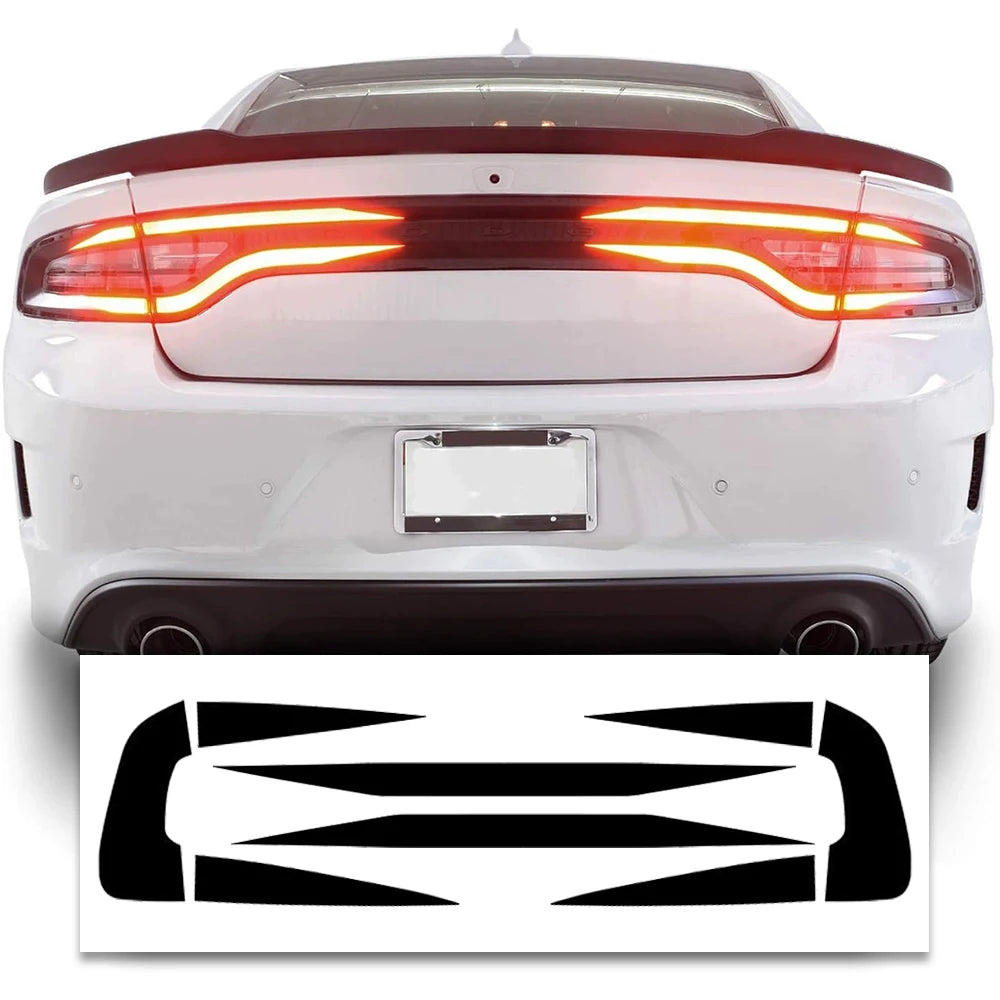 Black tail light decal set for a white Dodge Charger showing the rear view.