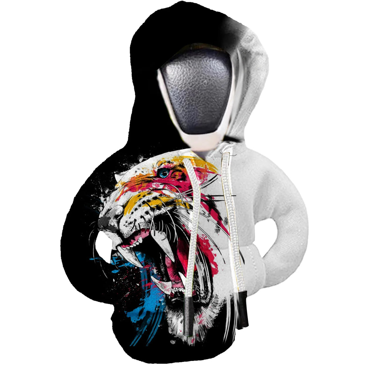 A black hoodie featuring a graphic print of a tiger's head in red and white paint splatters.