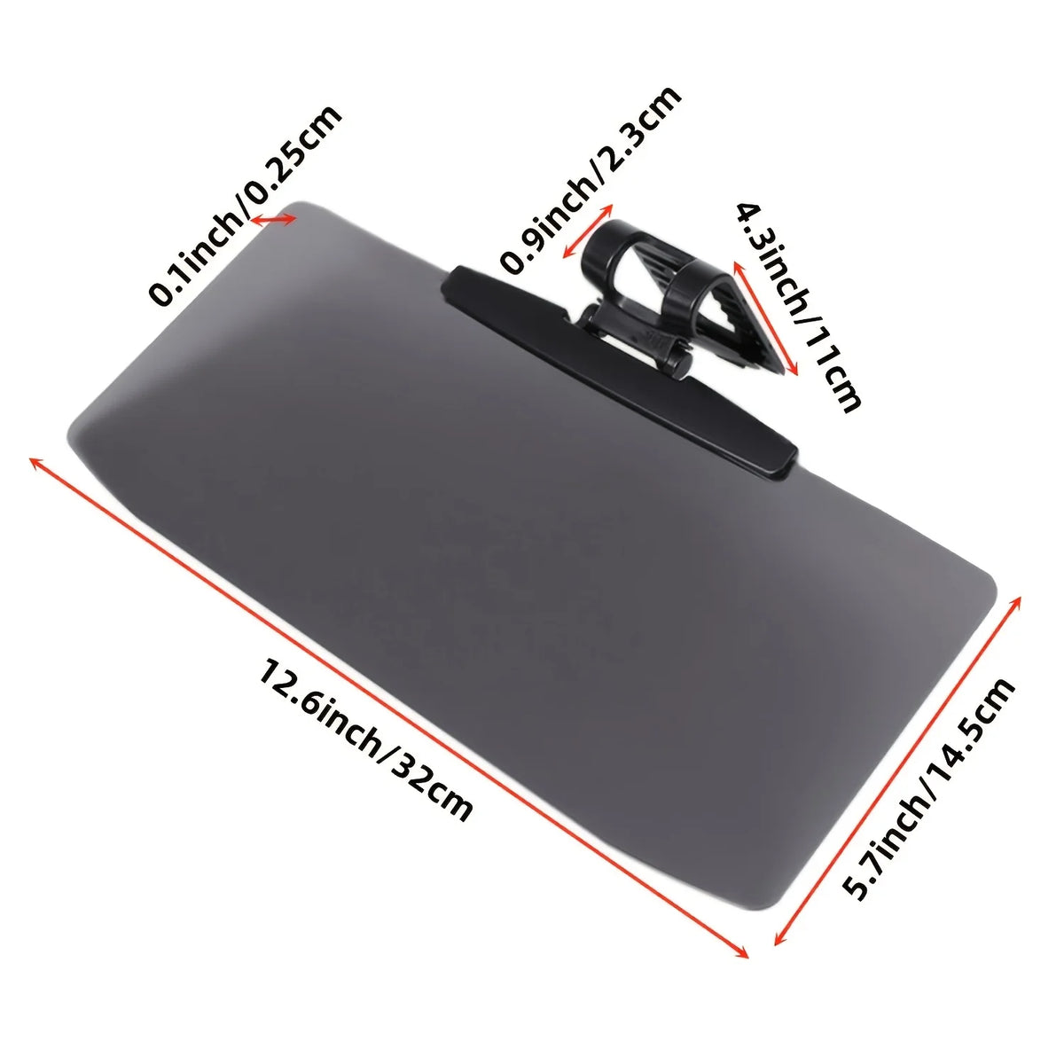 A dark gray adjustable polarized car sun visor extender with measurements shown.