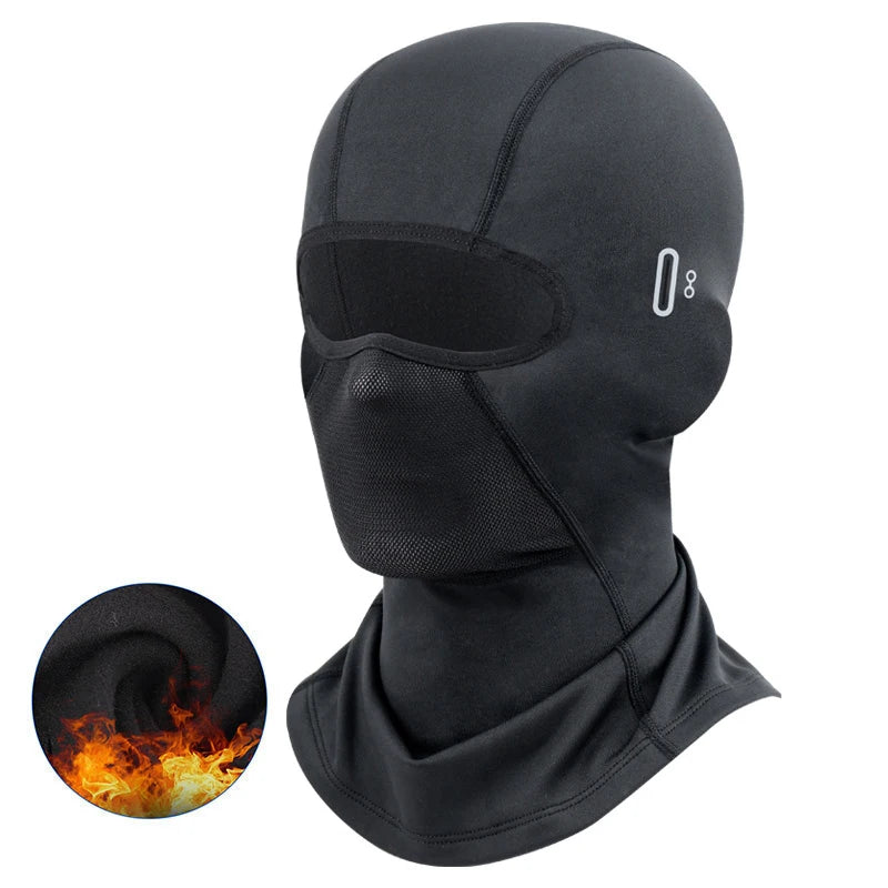 Black multi-functional balaclava with a face mask and UV protection feature visible.