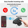 A hand presses a button on a Bluetooth motorcycle helmet headset to answer an incoming call.
